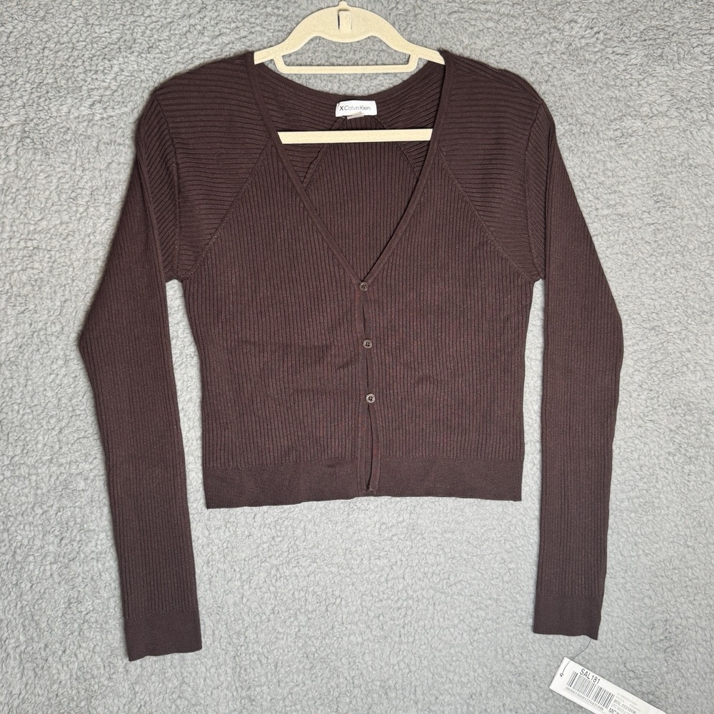 Calvin Klein Junior Brown Layering Cropped Crop Sweater Cardigan XL Slim Fit NWT